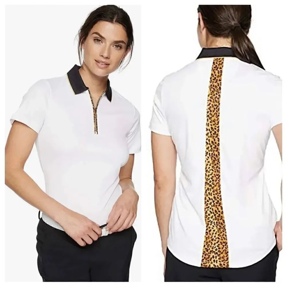 Greg Norman Short Sleeve 1/4 Zip Golf Polo- White / Leopard sz medium